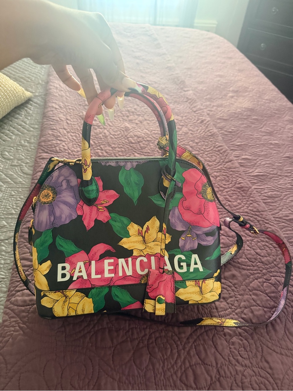 Balenciaga Black Floral Top-Handle Satchel with Pink, Purple & Yellow Flowers